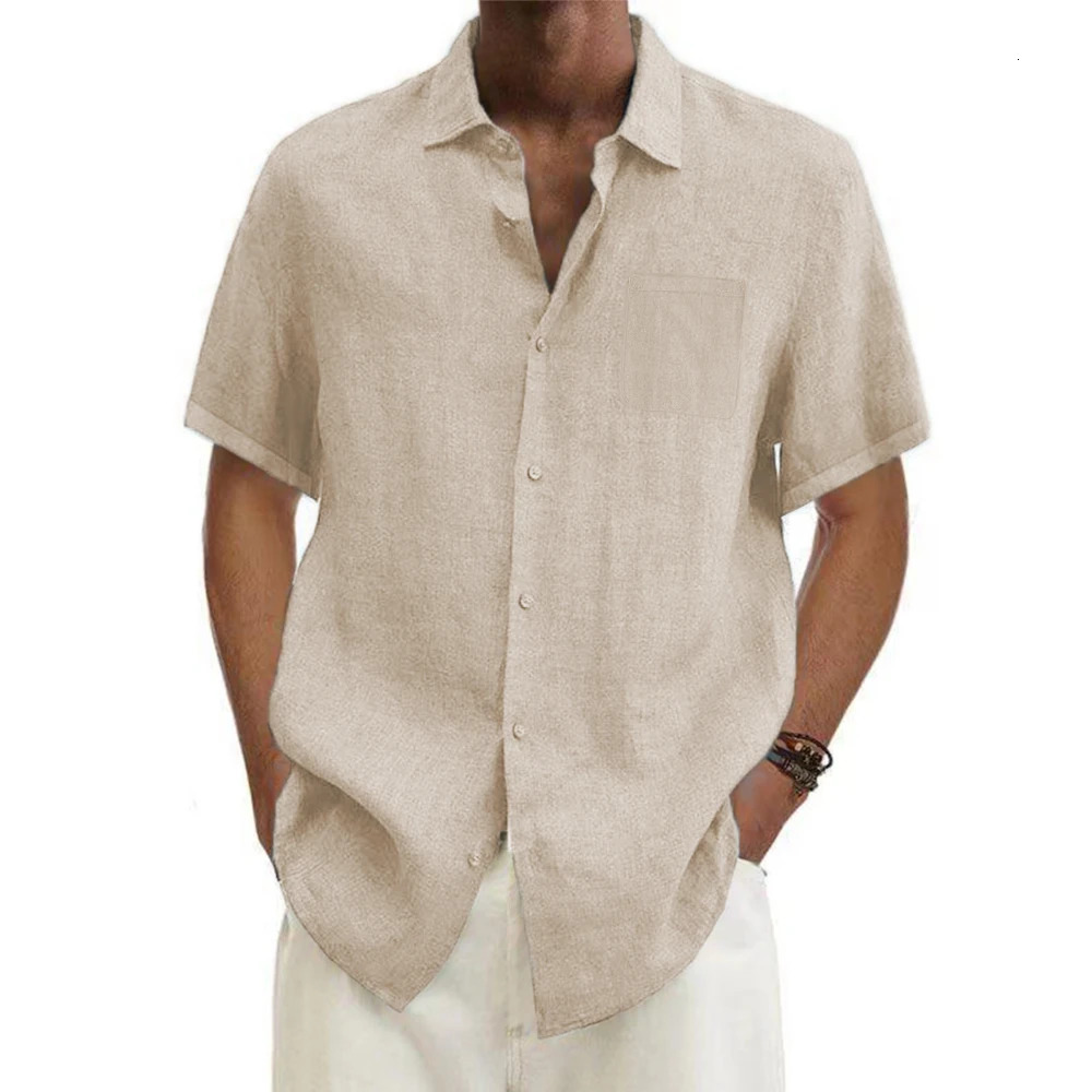Mens cotton linen selling mens short sleeved summer solid color lapel casual beach style plus size top 250326