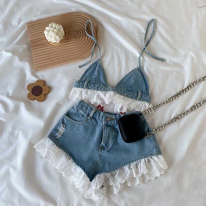 Summer clothing set for teenagers and girls aged 3-16 sleeveless denim crop shirt+jeans shorts childrens clothing setT250327