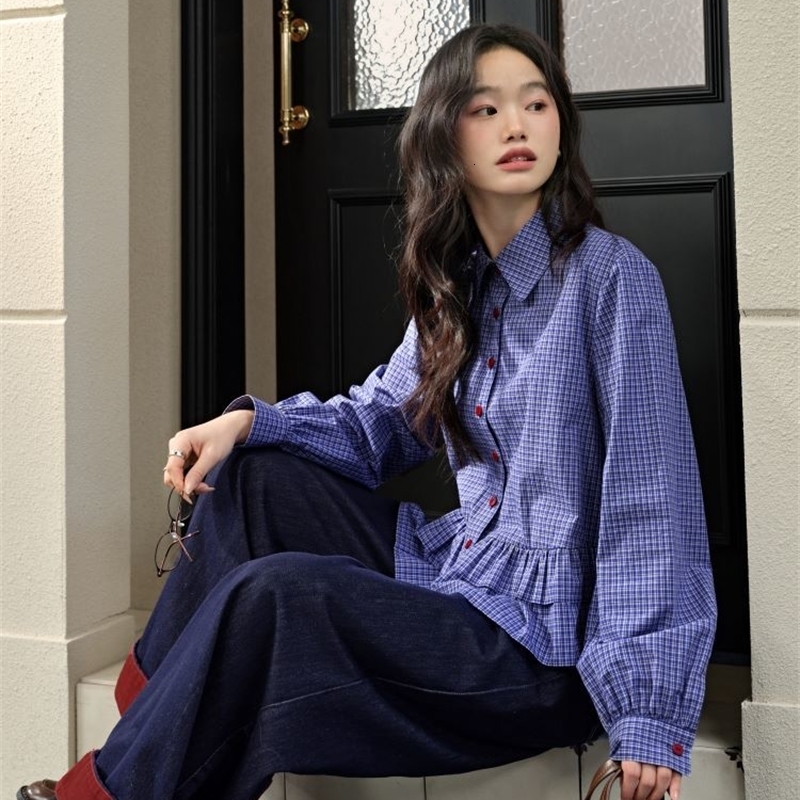 Blue Plaid blouse cgt kjuyhfviu yfiyf 250326