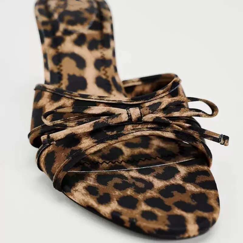 2024 New European and American Quality Shoes Bow Knot Leopard Print High Heel Women Slippers