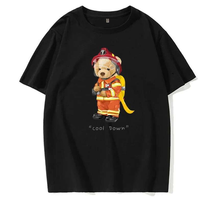 Firefighter Teddy Bear Cool Letter Pattern T shirt Creative Neutral Street Clothing Summer Men s Fashion