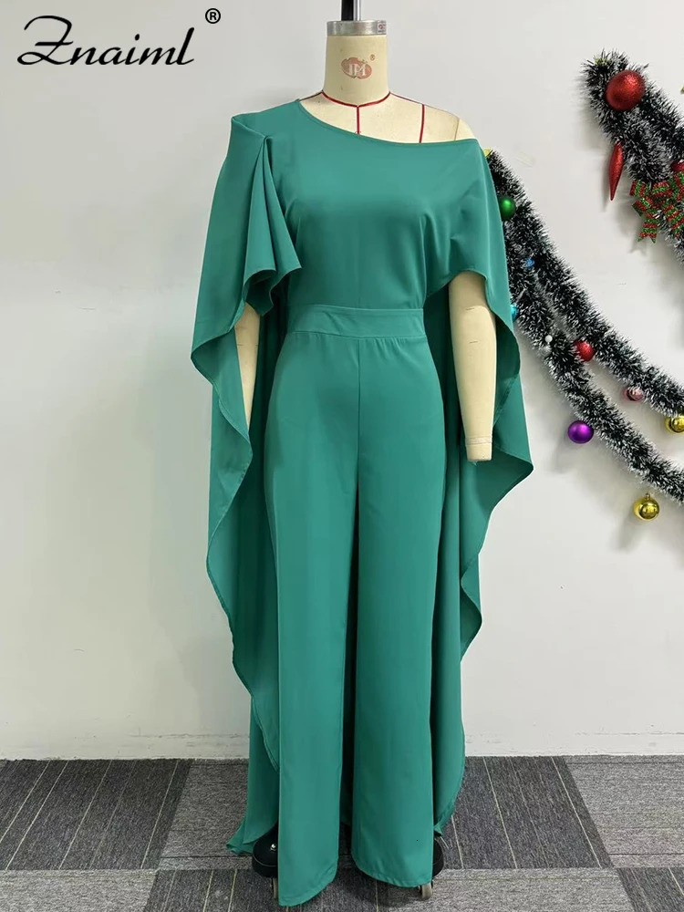 Znaiml elegant cape long sleeved Oneck green wide leg jumpsuit Dubai ladies birthday party Africa onepiece 250326