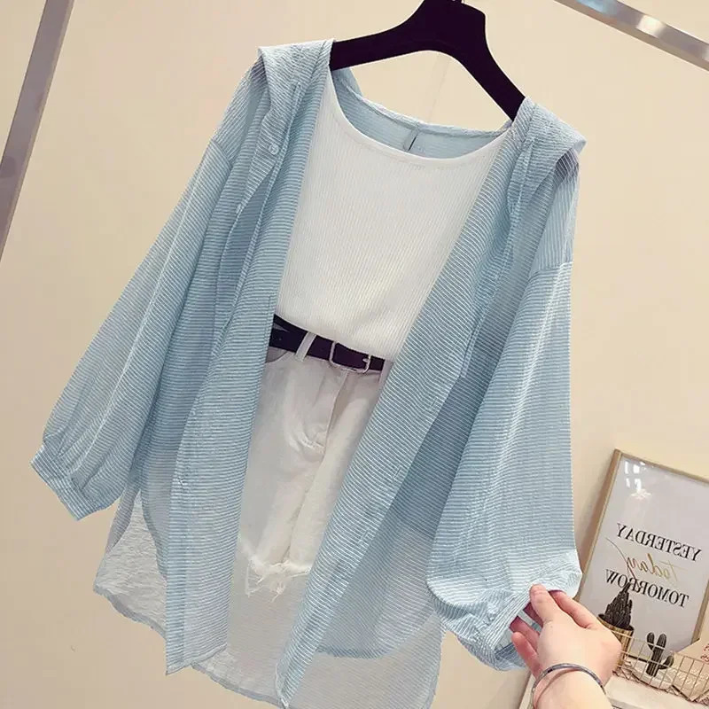Summer Womens Versatile Thin Long Sleeve Loose Breathable Ultra Sunscreen Hoodie Ice Silk Coat 250326