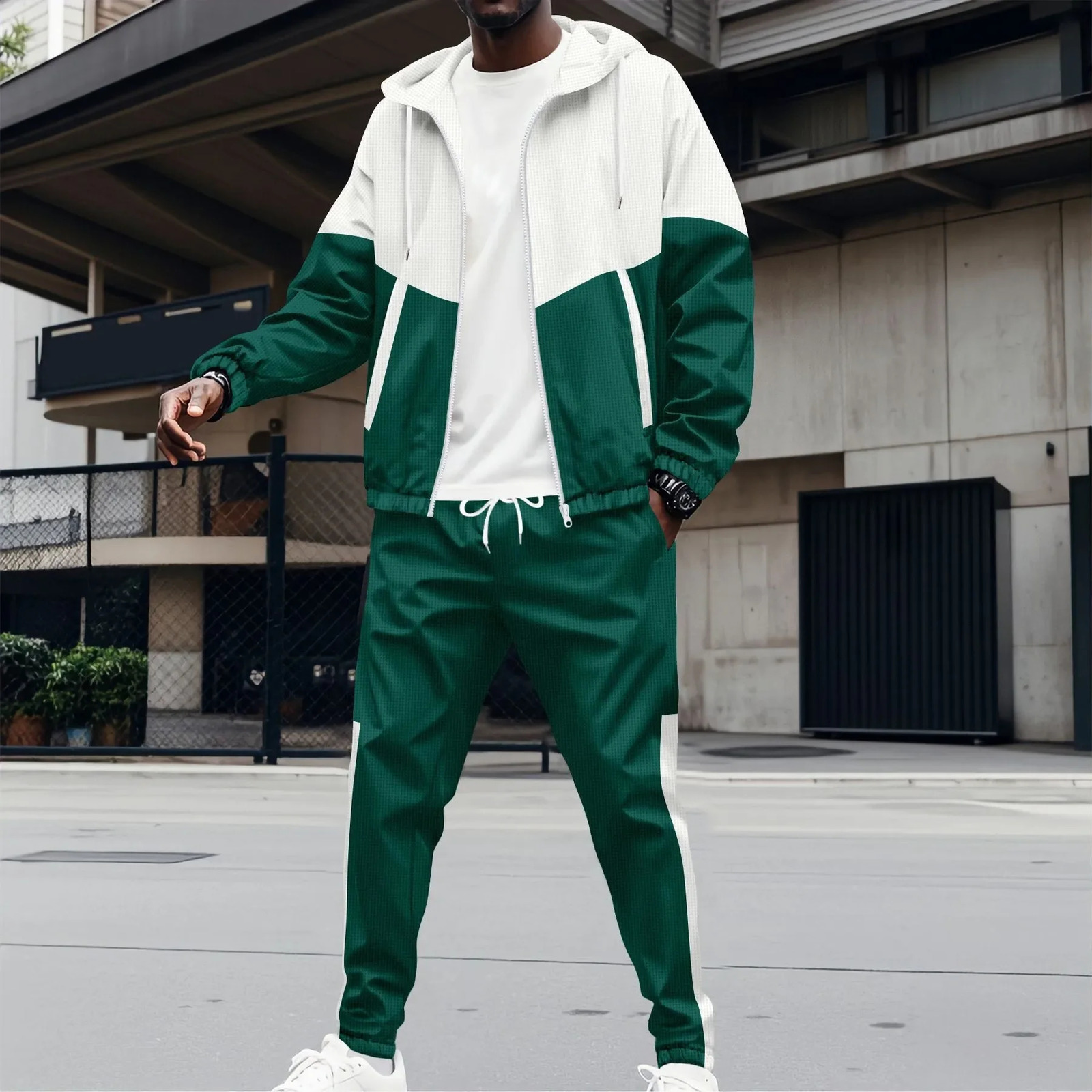 Spring and Autumn Mens Hooded Waffle Color Matching Jacket Double Pocket Long Sleeve Casual Sports Pants Set 250327