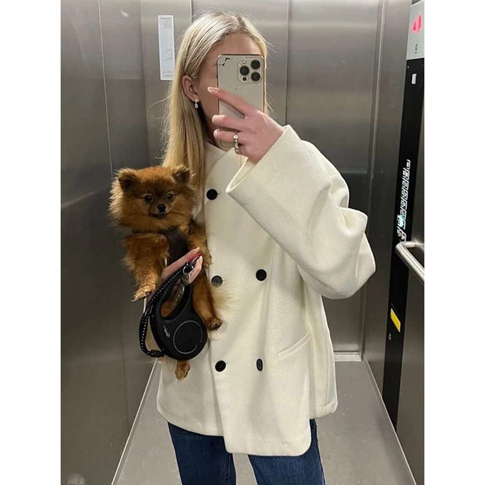 Women's Coat Elegant Solid Woolen Coat Women Double Breasted Loose Stand Collar Jacket Autumn Temperament Thick Warm Office Outerwear