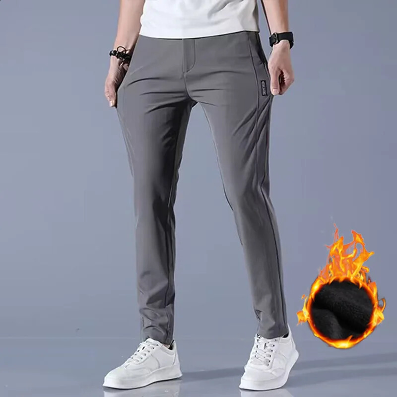 2024Winter velvet Casual Pants Men Thick Business Stretch Slim Elastic Waist Jogger Outdoors Korean Classic Fleece Trousers Male 250317