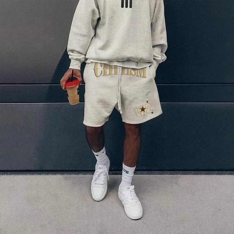 Hip hop Stylish Graffiti Letter Print Heavyweight Pure Cotton Shorts Gray Loose Five minute Pants unisex 250322
