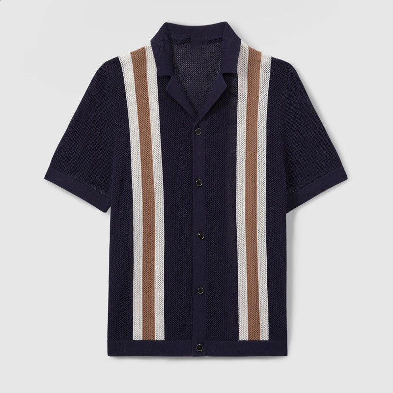 Mens cardigan T-shirt hollow striped knitted polo shirt casual buttons high-quality fashionable streetwear casual knitted 250327