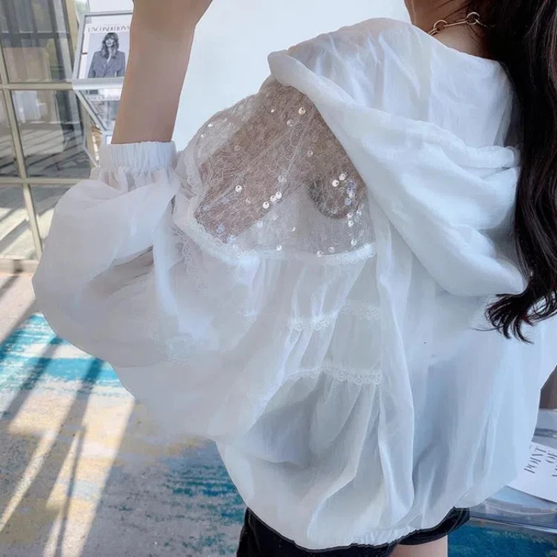 Womens Summer Long sleeved Hoodie with Hollow Splicing sequins Fashionable and Young Style Sunscreen Ventilation Jacket 250326
