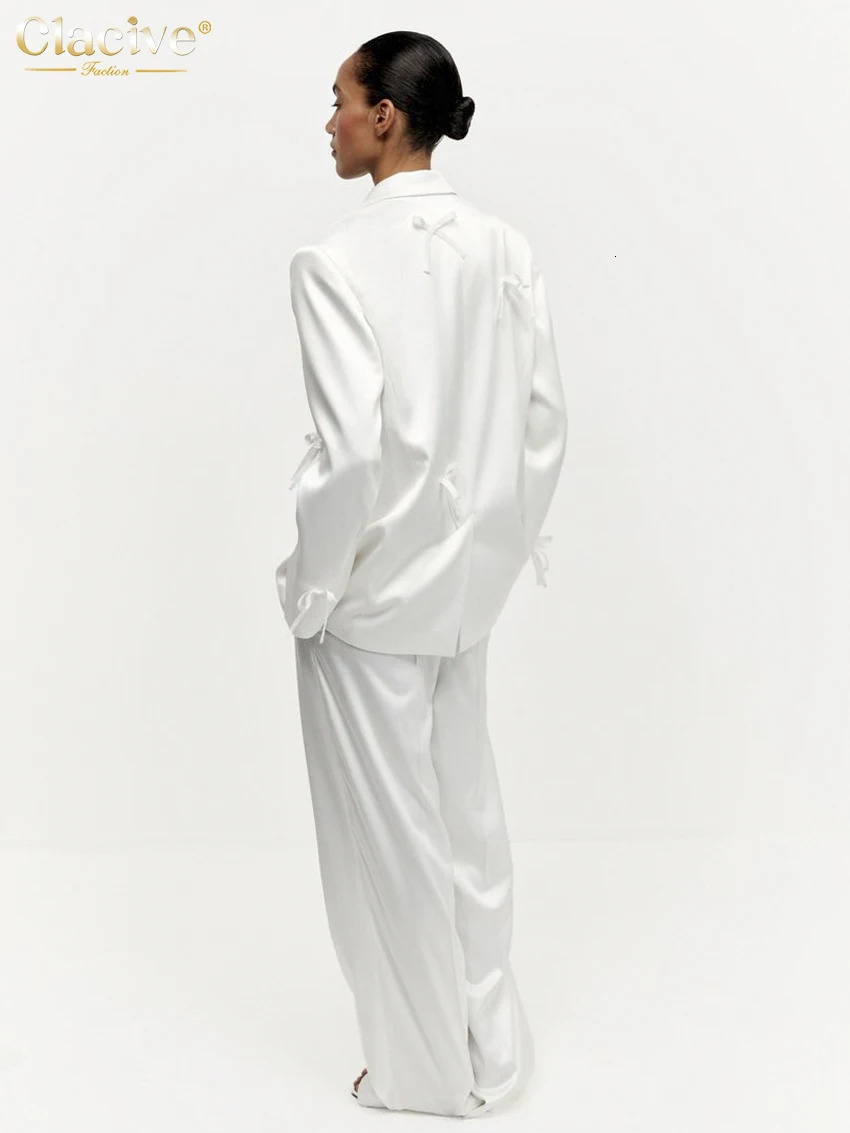 Clacive Fashion Loose White Satin Office 2piece Womens Elegant Long Sleeve Jacket with High Waist Wide Pants Set 250326
