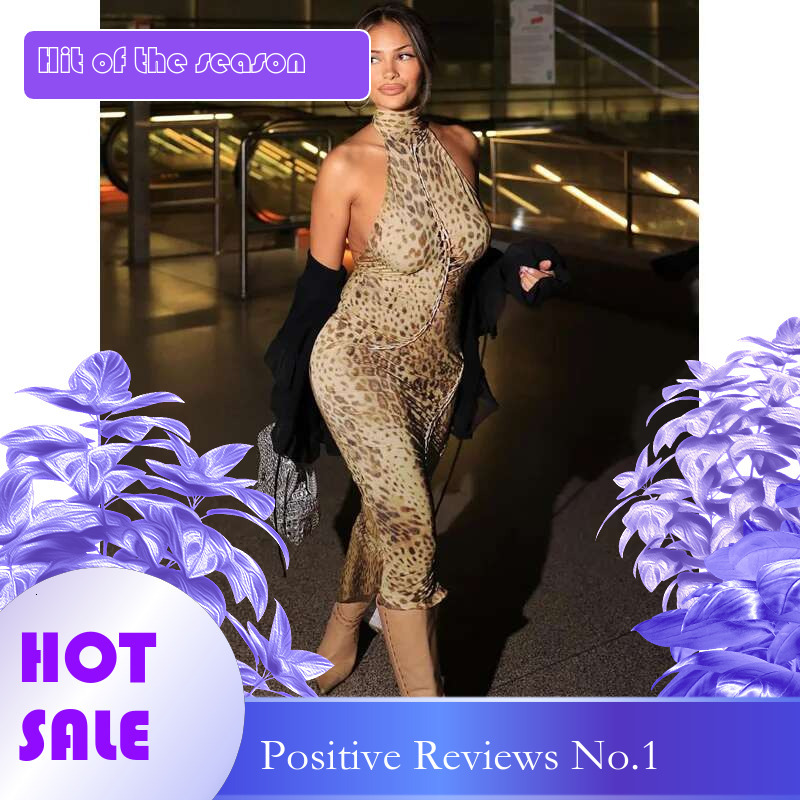 Dongdumaoyi Lente Nieuwe Sexy Backless Slim Fit Tie Back Halter Asymmetrische Luipaardprint Vrouwen Jurk C