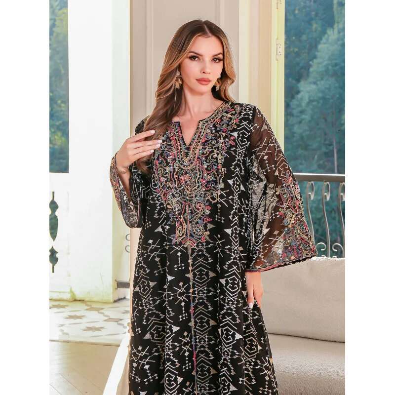 Dongdumaoyi Midden Oosten Moslim Gewaad Borduren Vrouwelijke Jurk Dubai Abaya Vrouwen Touw W