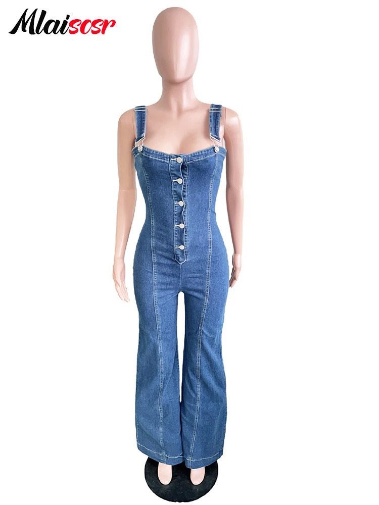 Mlaiscr streetwear womens jeans jumpsuit sleeveless button up wide leg pants denim one piece set 250326