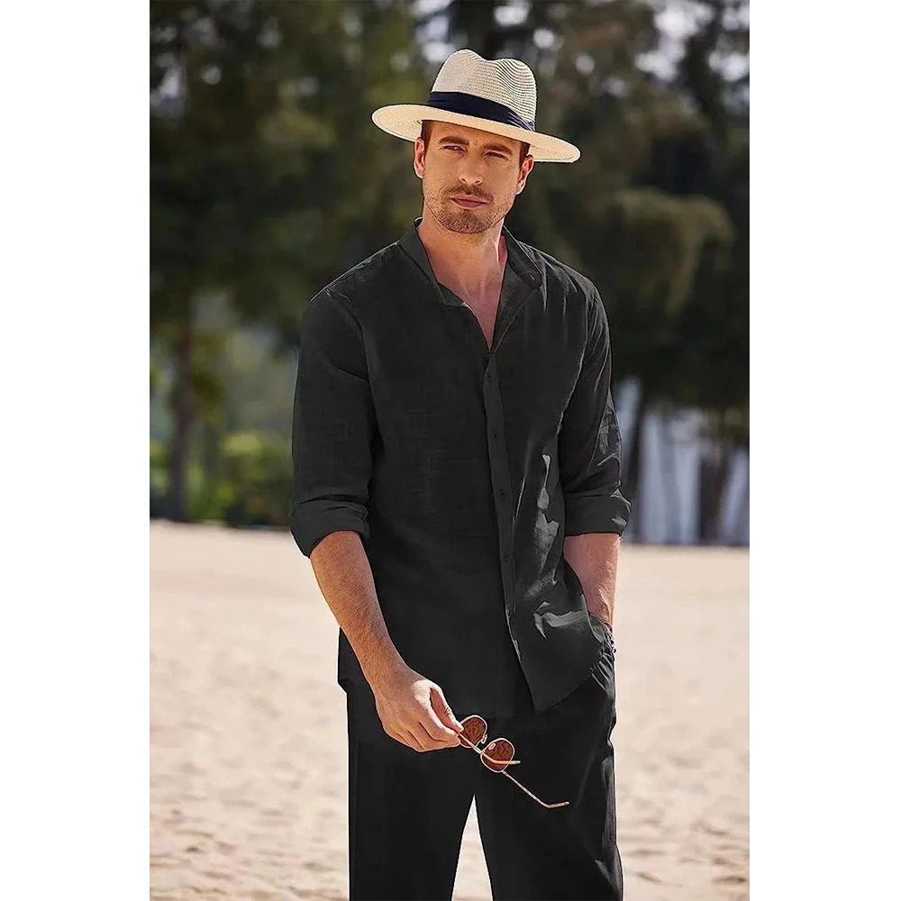 Mens casual cotton linen twopiece beach retro basic shirt and pants solid color set mens Hawaiian track field 250326