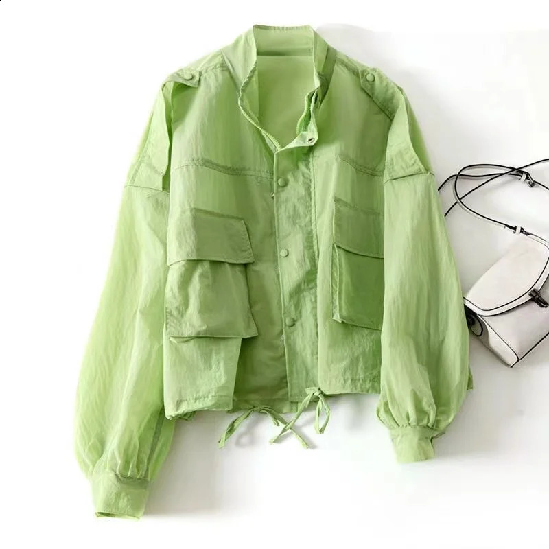 Summer Korean Sunscreen Clothing Jacket Womens UV resistant Thin Loose Casual Womens Pocket Windproof Jacket Womens Top 250321