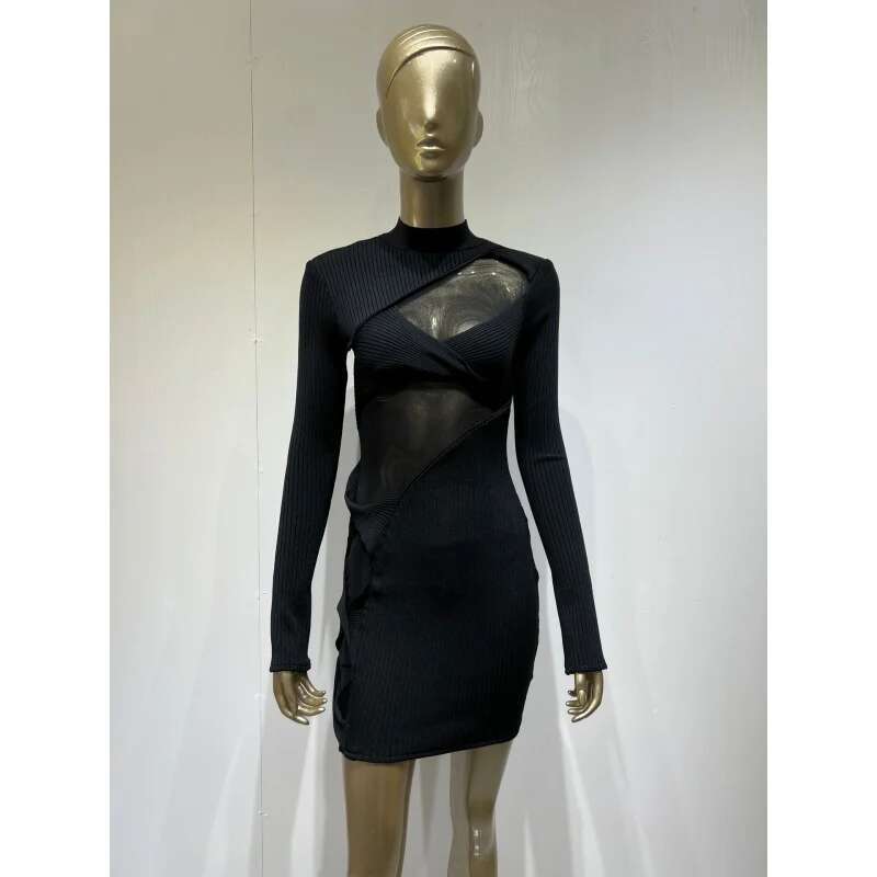 Dongdumaoyi Bandagejurk Met Lange Mouwen Mode Zwarte Pure Panelen Bodycon Mini Damesjurk