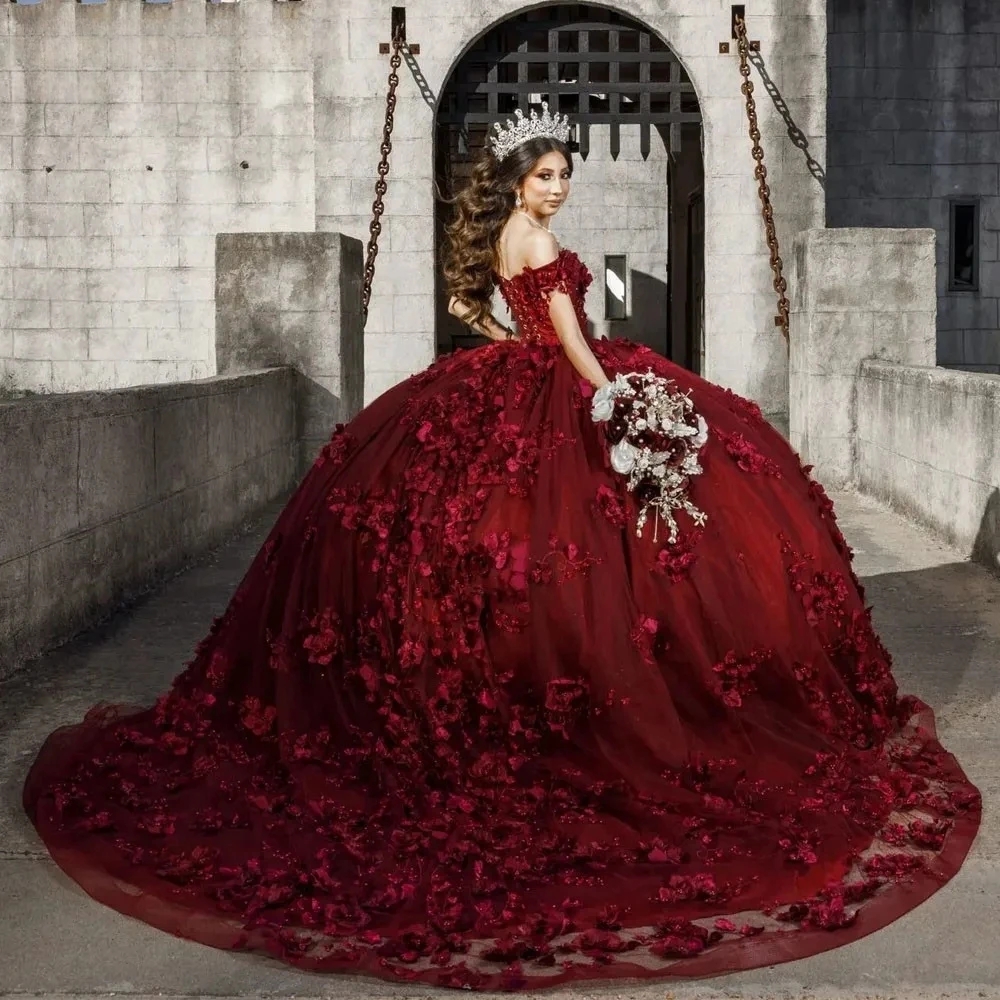 Burgundy Quinceanera Dresses Ball Gown Off The Shoulder Tulle Floral Pearls Sweet 16 Dresses 15 Anos Mexican Customized Vestidos De 15 Anos Girls 16