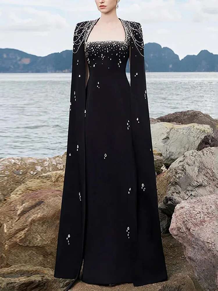 HIGH STREET Newest 2025 Designer Vestido Women's Dias Beaded Chains Cape Sleeve or Length Maxi Long Dress