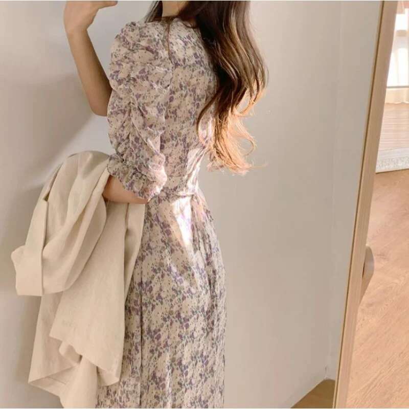 Dongdumaoyi Zomer Nieuwe Taille Knipperende Elegante En Zachte Stijl Hoogwaardige Chiffon Bloemen Midi Vrouwen Mode Jurk A
