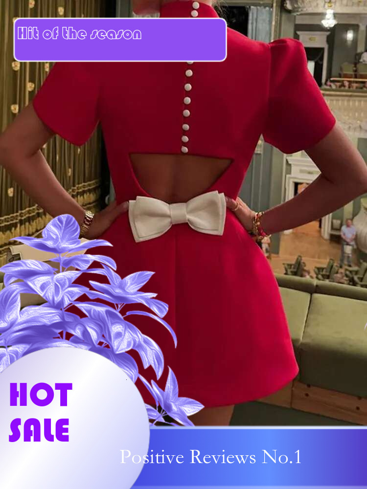 Dongdumaoyi Stand Kraag Korte Mouw Terug Uitgehold Strik Decoratie Rok Mode Slim Fit Elegante Mini Jurk C