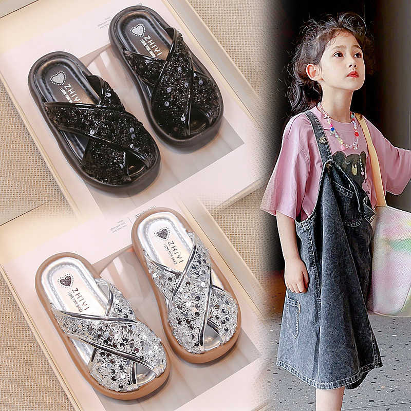 Slipper 2024 summer British style childrens slippers with sequins for girls middle-aged and young children princess shoes S25326