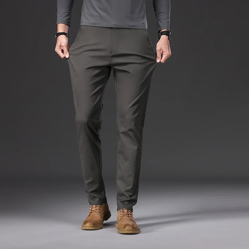 97% Cotton Mens Casual Pants Autumn Fashion Comfortable Elastic Slim Straight Business Trousers Black ArmyGreen Khaki 250317