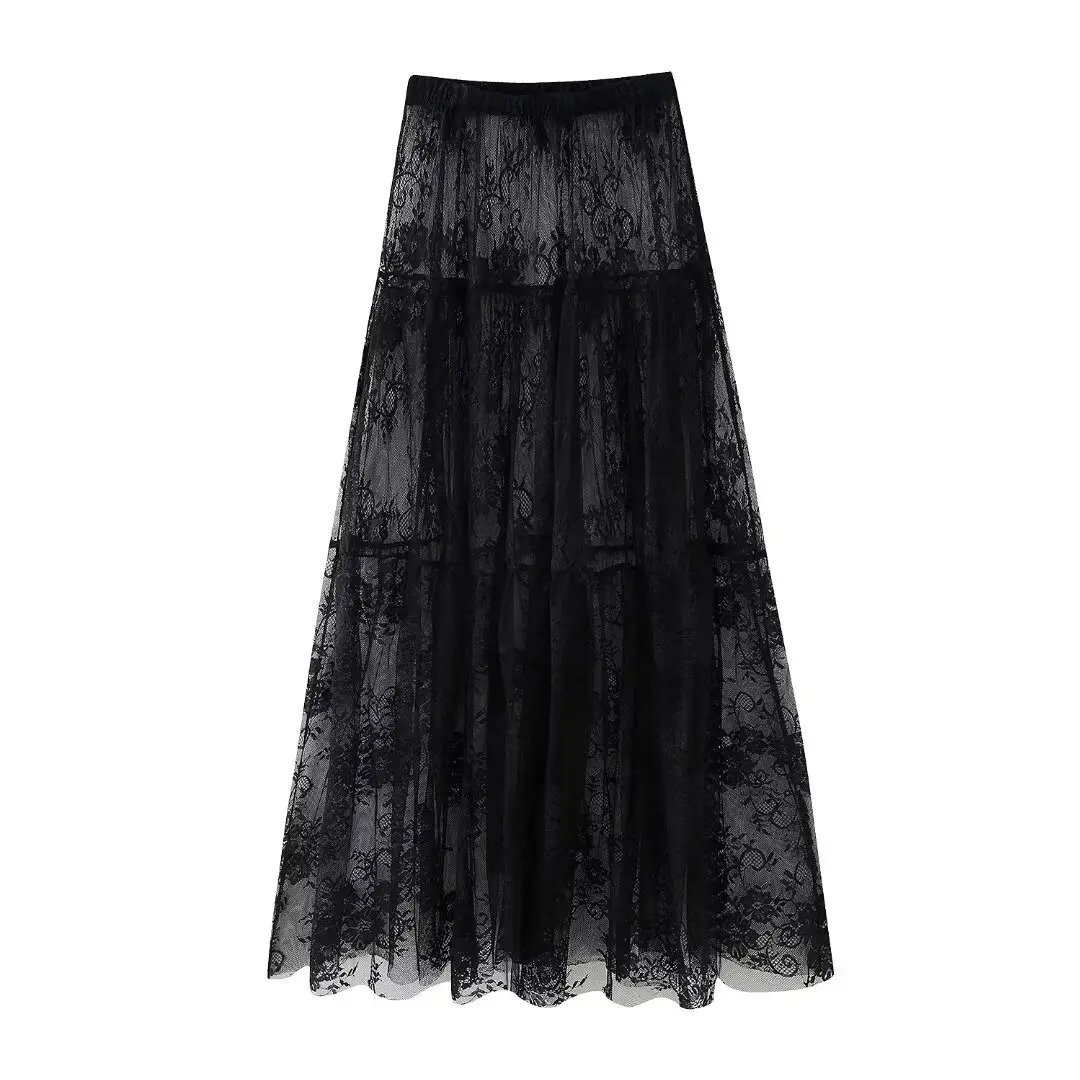 Black Lace Mesh Skirt Womens High Waist Midi Skirt Tulle Long Skirt Womens Translucent Party Womens Sexy Skirt 2024 250317