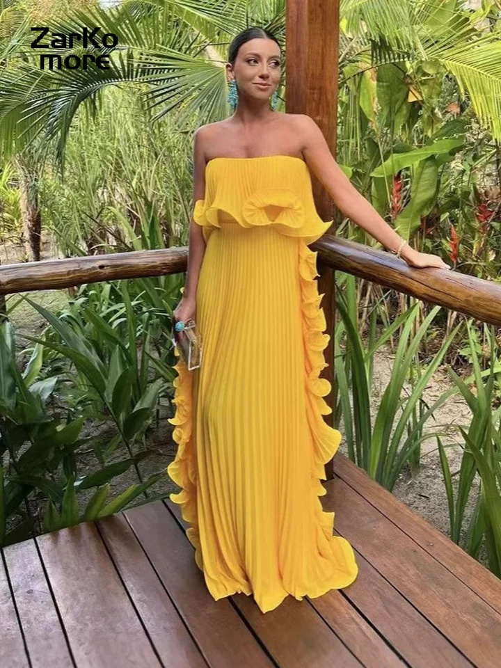Sexy pleated strapless long yellow dress for women sleeveless and backless floor length party 2025 springsummer beach womens robe 250324