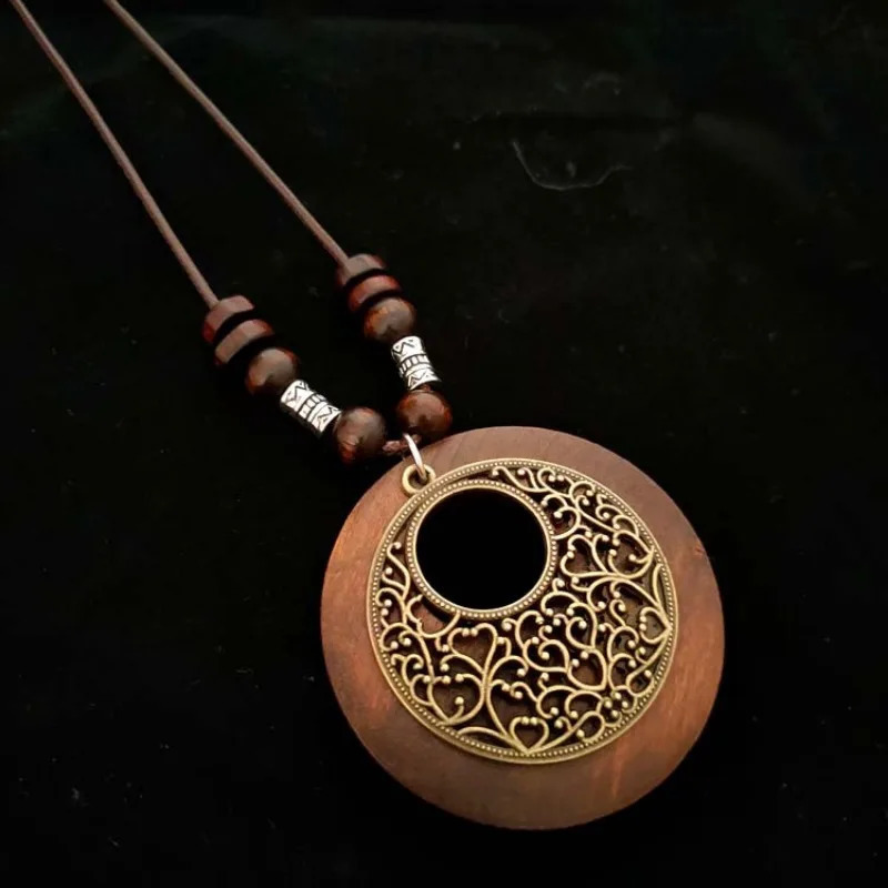 Vintage cotton linen accessories ethnic style Korean wooden bird pendant womens sweater necklace 250325