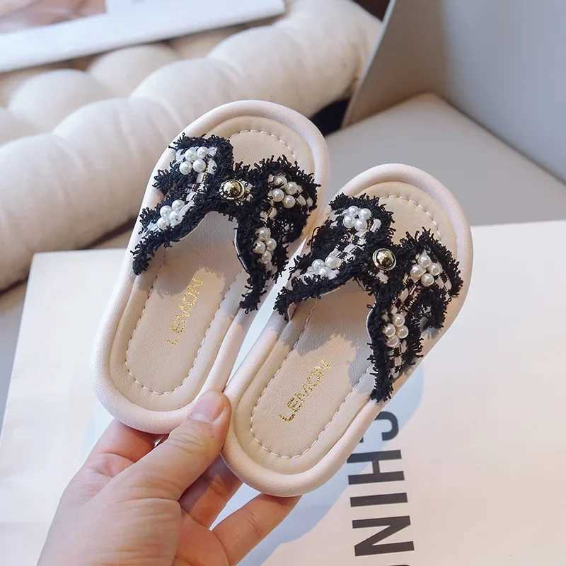Slipper Girl slide summer childrens chic checkered princess sandals with simple pearl sweet fashionable elegant slide suitable for childrens outdoor a