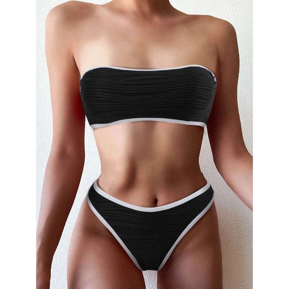 Bandeau High Sexy Waist Bikini 2025 Women Triangle Swimsuit Detail Swimwear Padded Bathing Suit Female Solid Beachwear