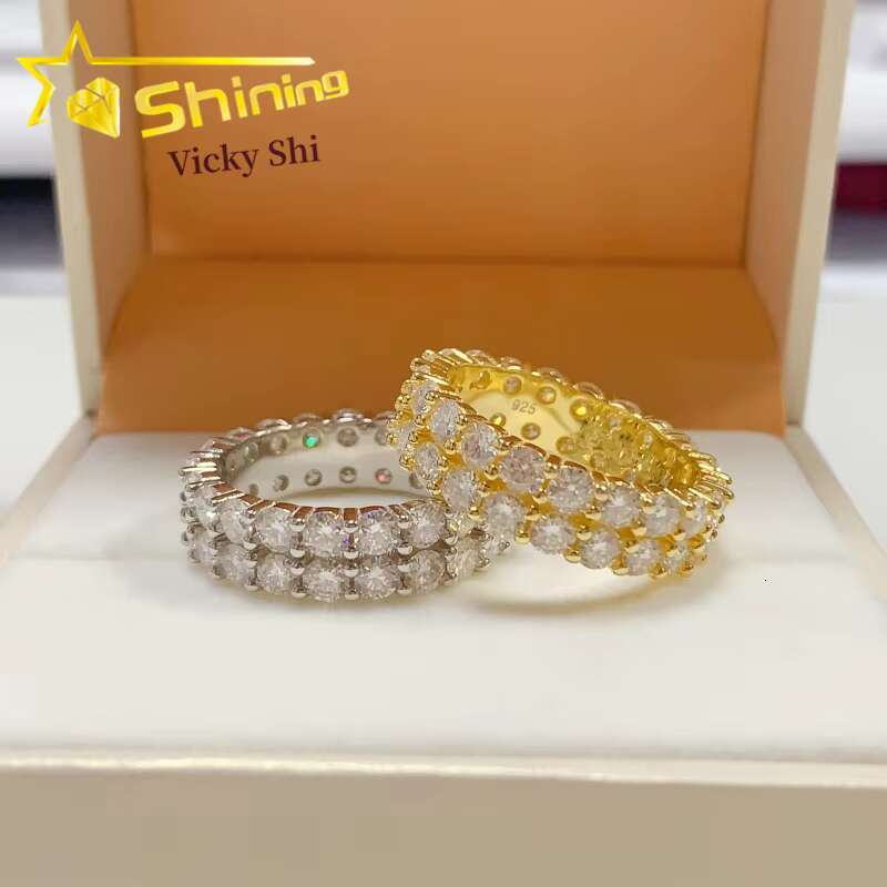Shining Fine Jewelry Women Eternity Ring Pass Diamond Tester 925 Sterling Silver Moissanite Ring Two Rows Ring Band