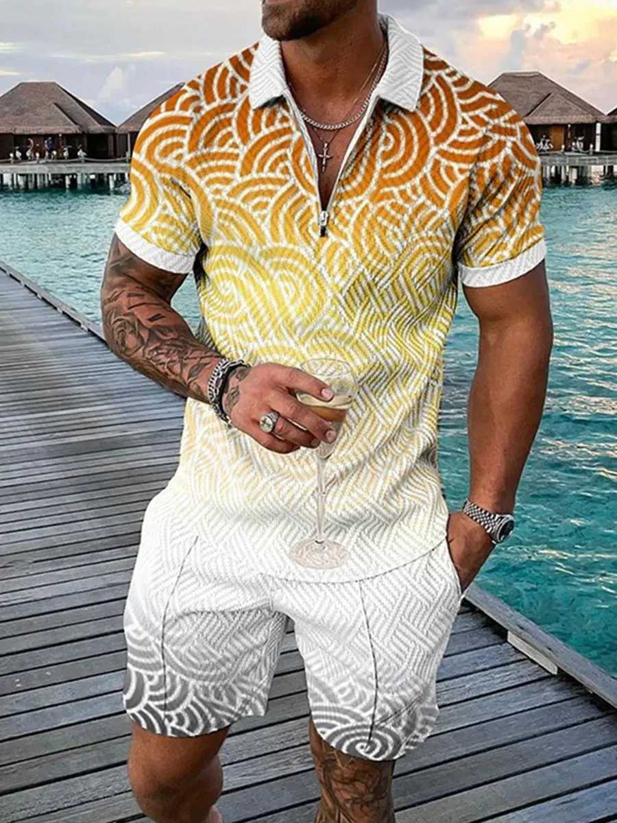 Hawaii 3D Printed Mens Polo Shirt Set Zipper Collar Polo Set Zipper Collar+Shorts 2-piece Holiday Style Mens Sportswear W250326