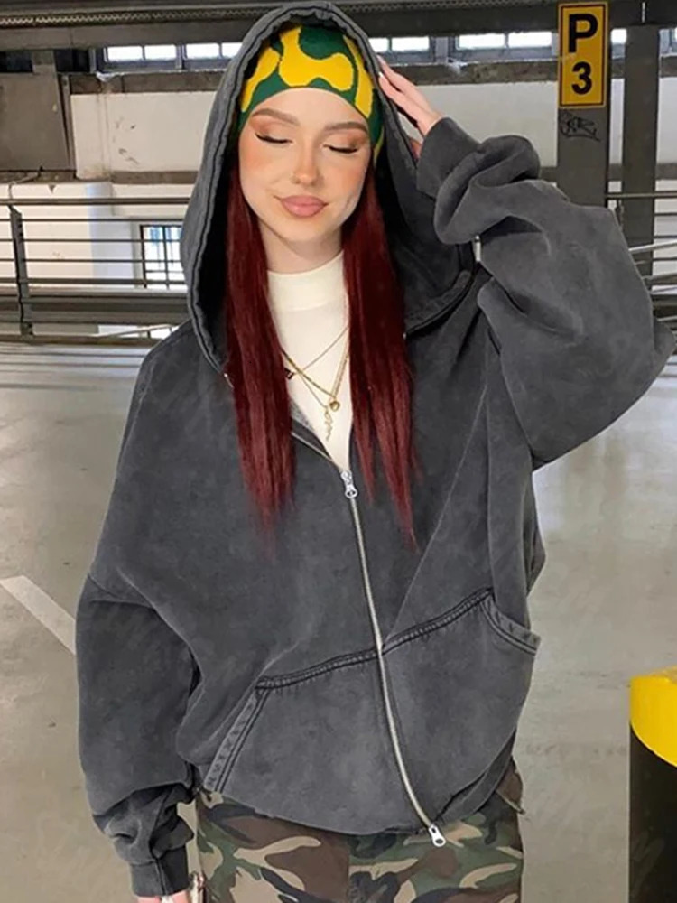 Fashionable retro clothing washed old zipper long sleeved hoodies oversized sweatshirts spring and autumn streetwear 250326
