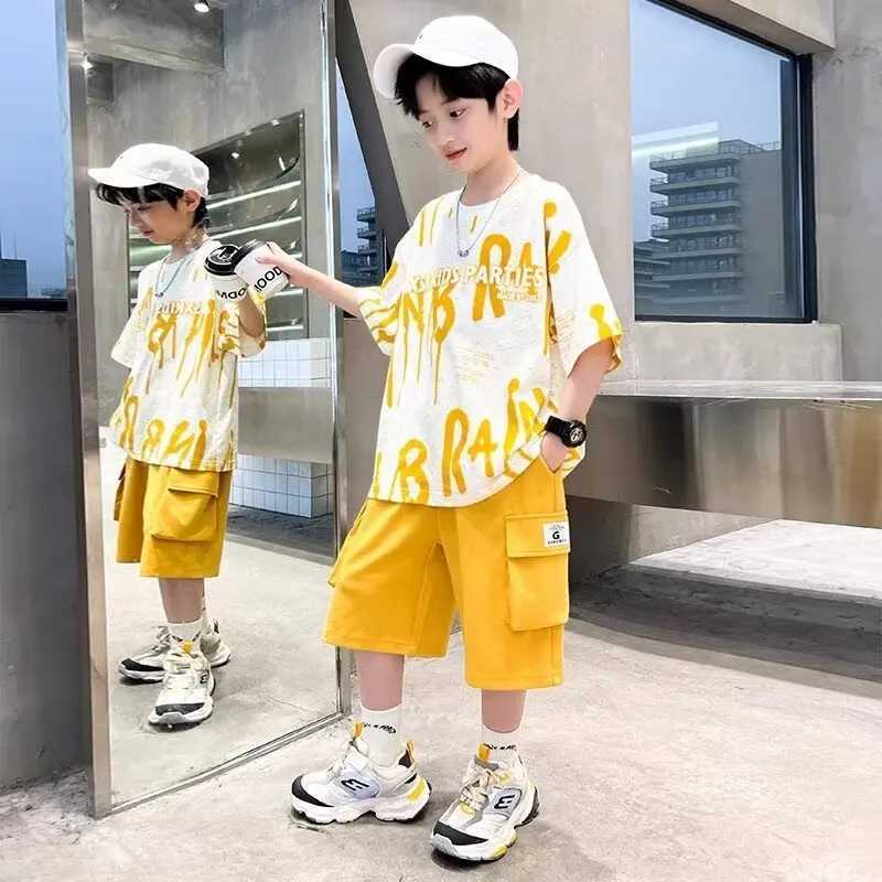 Summer Boys Purple Sets Korean High Street Fashion Kids T-shirts Shorts 2-piece set of high-quality childrens sportswearT250327