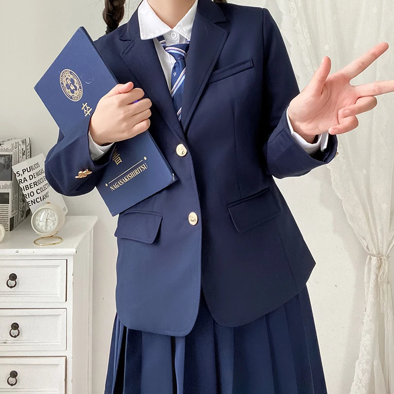 Korean school uniform navy blue jacket Japanese high set School Girls student Seifuku 250326