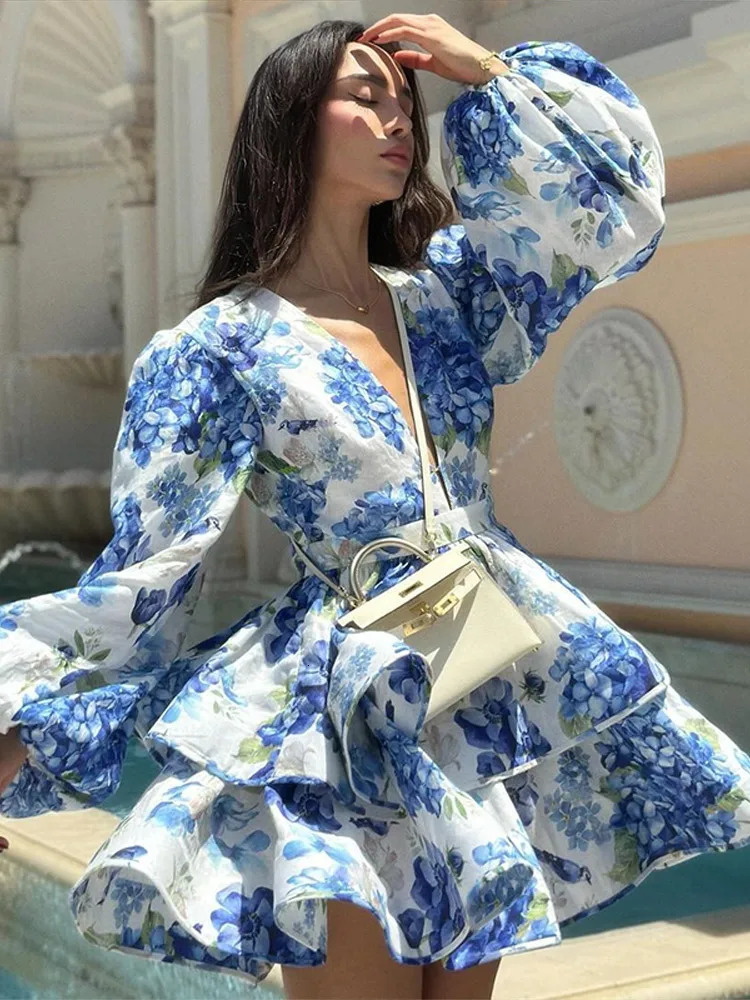 Printed Ruffled Hem Deep V-neck Puffy Dress Long Lantern Sleeve Elegant Vacation Party Short Dresses Colorful Spring Robe 250326