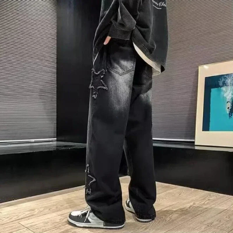 Stars Patchwork Mens Jeans Fashion Y2K Tassel Pants Korean Clothing Straight Hip Hop Splicing Street 250326