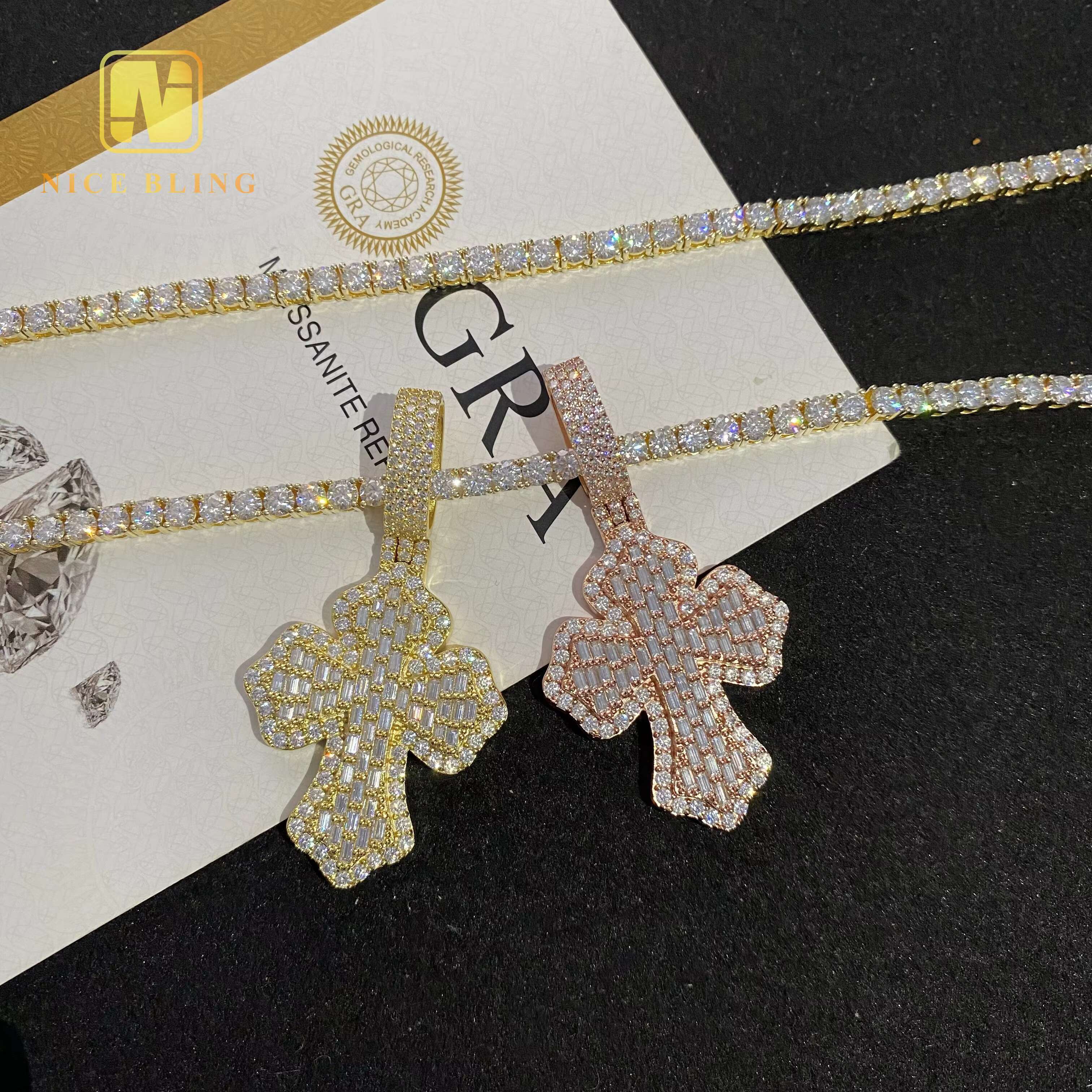 Custom Hip Hop Moissanite Jewelry Pass Diamond Tester Ice Out Baguette Diamond 925 Sterling Silver VVS Moissanite Cross Pendant