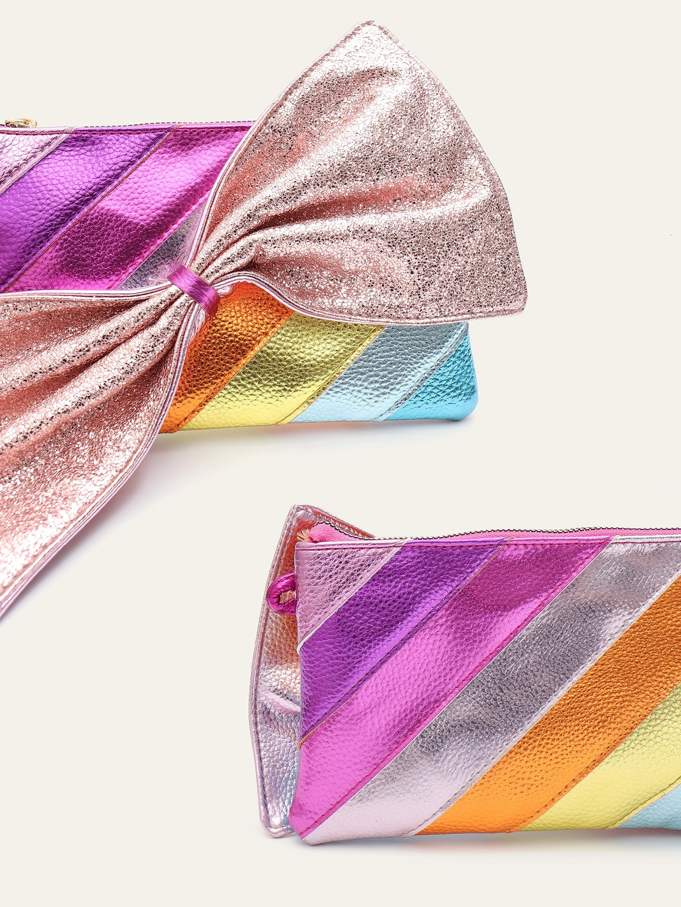 Womens fashionable sequin metal PU vegan leather clutch bag large bow rainbow stripe square zipper long chain ten font wallet 250326