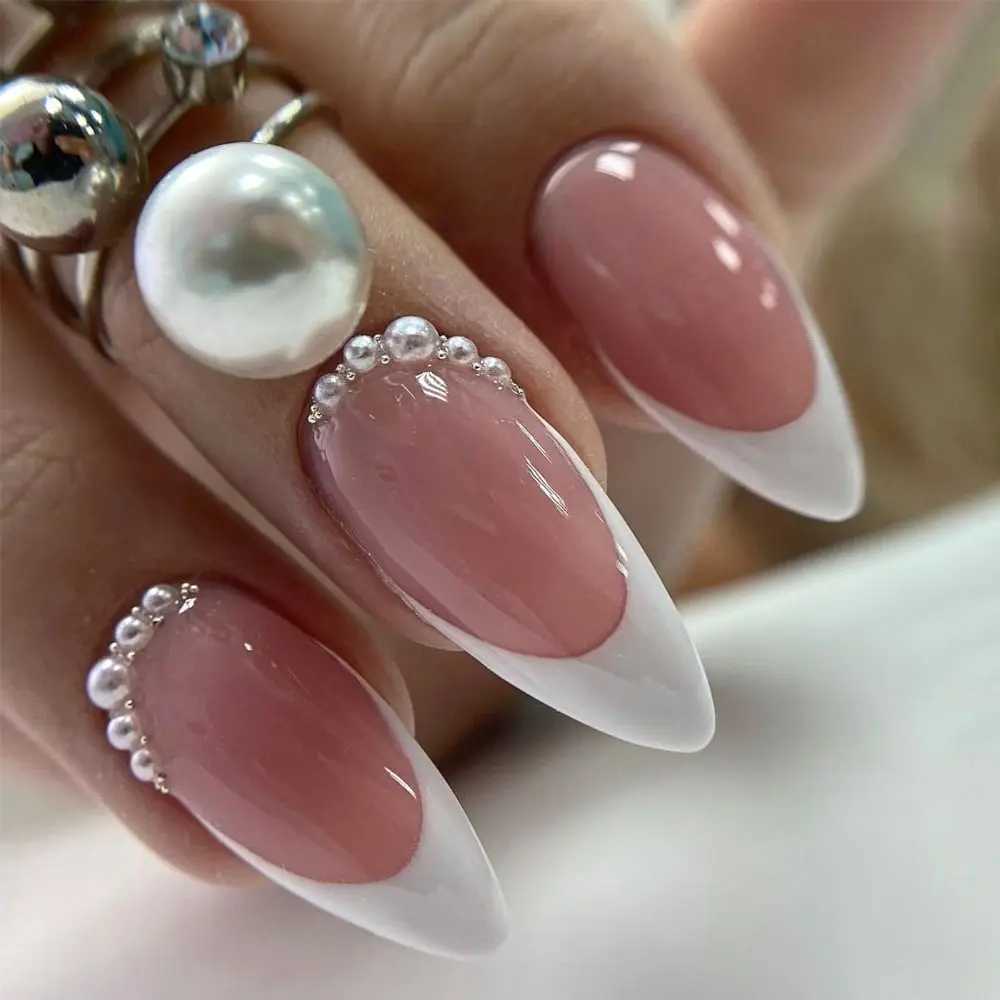 24pcs gradient pink fake nails long almond fake nails pearl sparkling design wearable handmade nail tip pressXJ250327