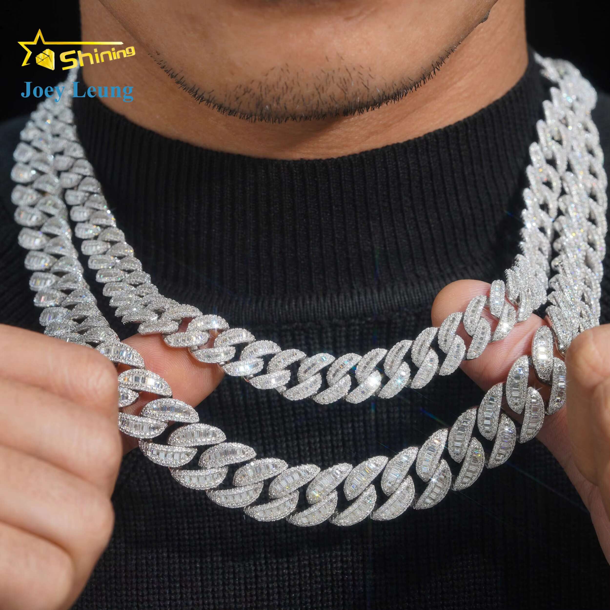 Hip Hop Jewelry 12mm 16mm 925 Sterling Silver Iced Out Custom Baguette Initial Necklace VVS Moissanite Cuban Link Chain