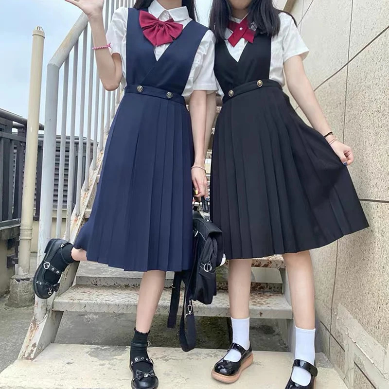 Japanese girl JK high school uniform long pleated student dress summer sleeveless Pinafore level suspended skiing 250326