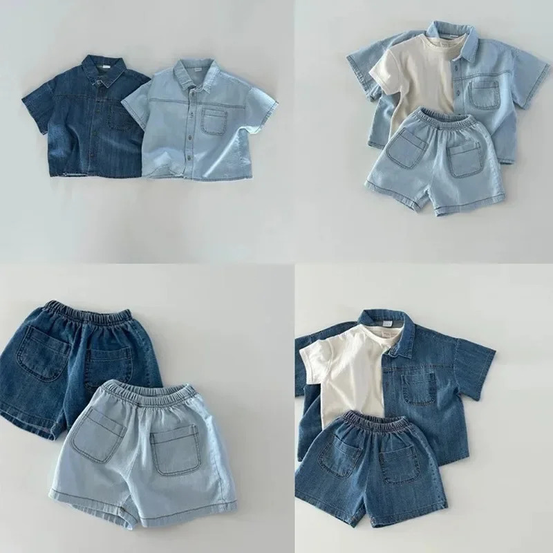 Korean Version of Short Sleeved Denim Shirt Shorts Set for Boys and Girls Summer Fashionable Two-piece Set 250326