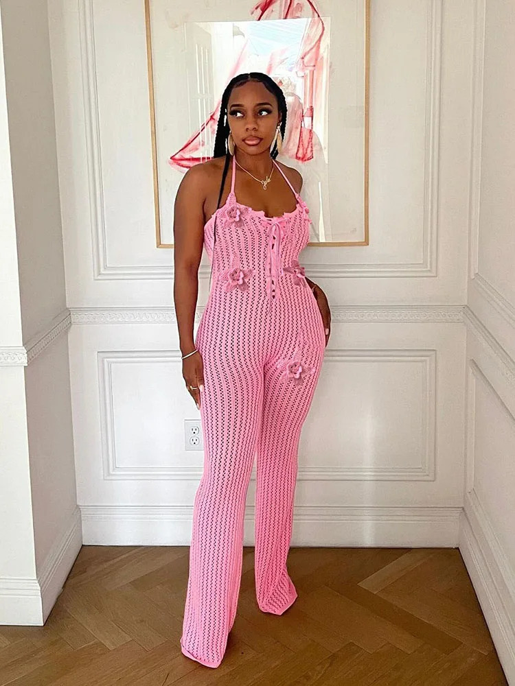 Strange cat knitted backless jumpsuit for women lace camisole decal sleeveless summer vacation trend classic top 250326