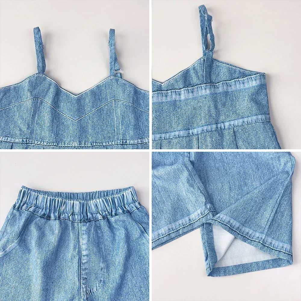 Bear collar summer girls clothing blue imitation denim sleeveless vest+pants 2-piece set solid color casual childrens clothingT250327