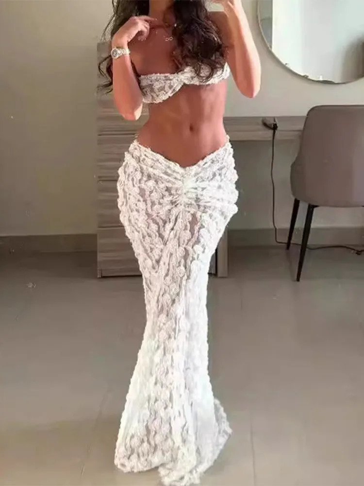 Sexy white lace dress 2piece set womens hollow strapless cut top long skirt beach holiday 250326