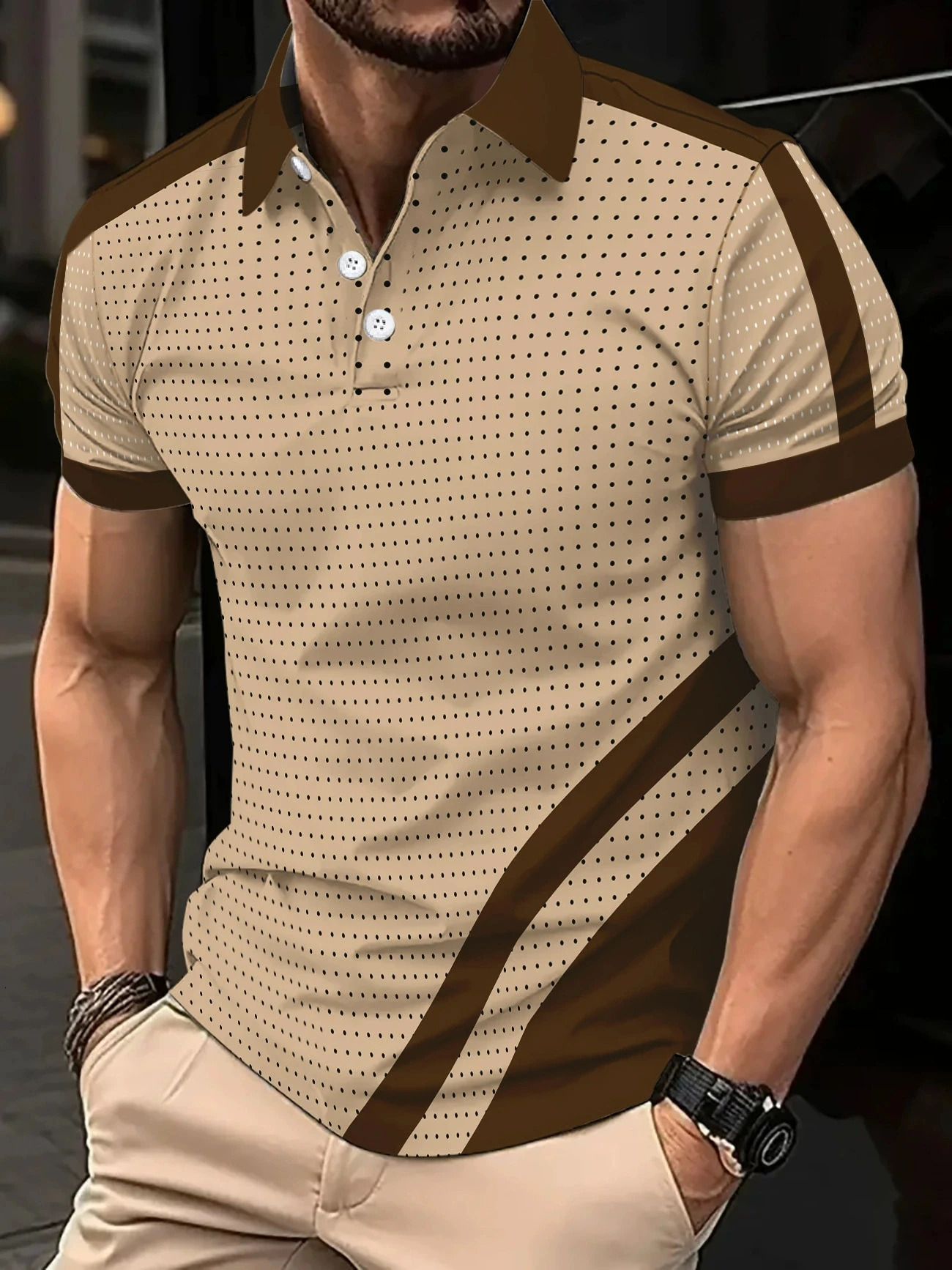 Summer Casual Mens Daily Small Round Dot Printed Polo Shirt Button Fashionable Breathable Sports 250327