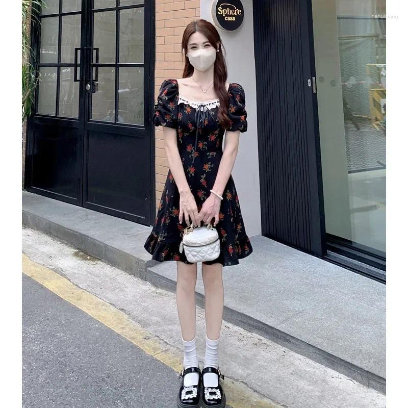 Plus Size Dresses Summer French Style Square Collar Splice Bubble Short Sleeve Slimming Length Chiffon Dress Wome...