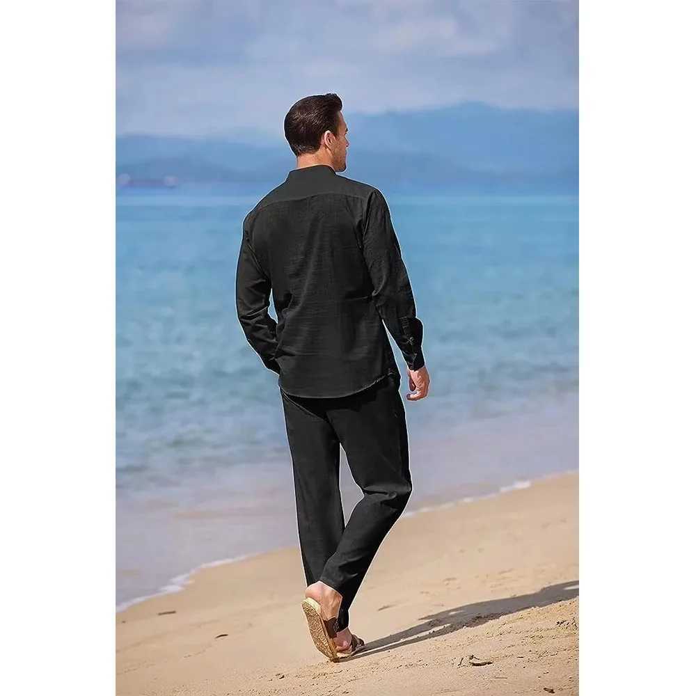 Mens casual cotton linen two-piece beach retro basic shirt and pants solid color casual set mens Hawaiian track and field setXJ250326